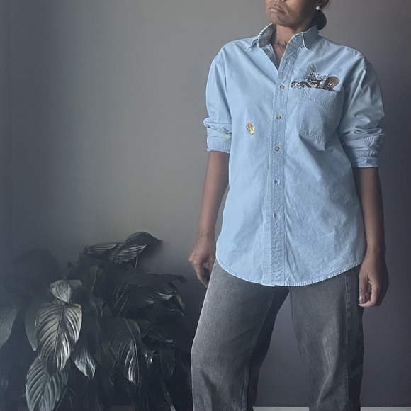 Vintage Looney Tunes Denim Long Sleeve Mens Size M Embroidered Tweety Taz - Picture 2 of 13